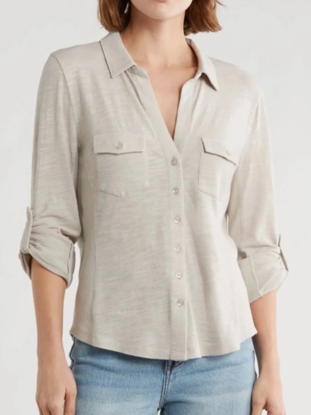 Caslon Button-Up Shirt Slub Cotton Blend Rolled Sleeves Heather Tan NWT Small
